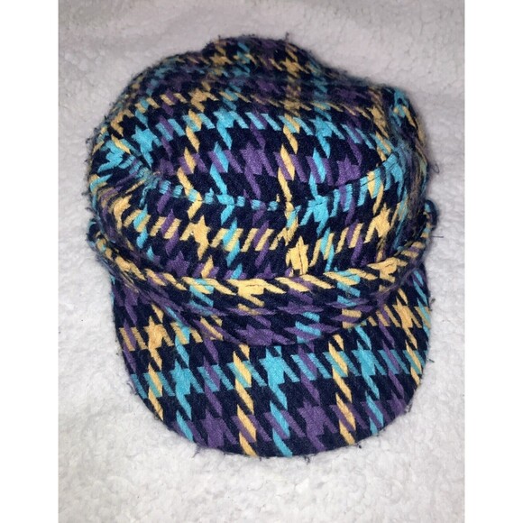 Women's Hat Beret Lined Plaid Elastic Stretch Fit OS Purple Yellow Blue Black - Picture 1 of 9